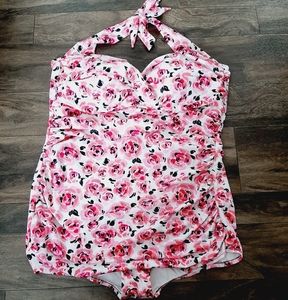 Pink red roses plus sz 3X one piece swim dress